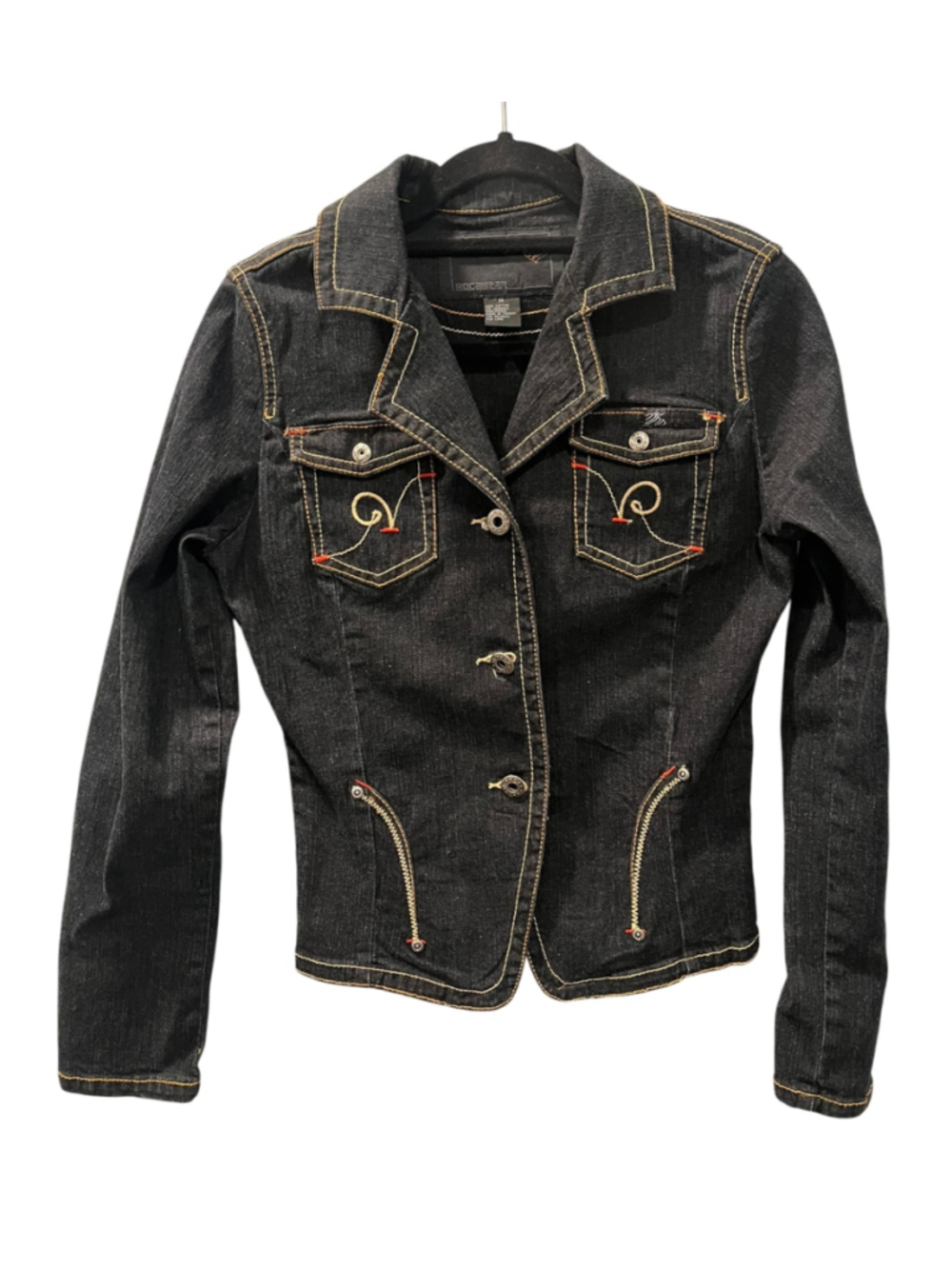 Vintage Y2K Rocawear Fitted Denim Blazer Jacket Black Wash Gold Stitch Size Med